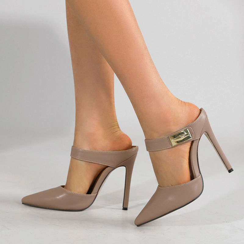 Shoeswoon Pointed Toe Cutout Strap Mules with Metal Buckle Stiletto Heel Mules