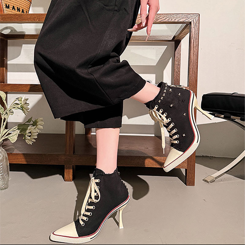 Shoeswoon Camo Canvas High‑Top Stiletto Heel Sneaker Boots Studded Fringe Trim