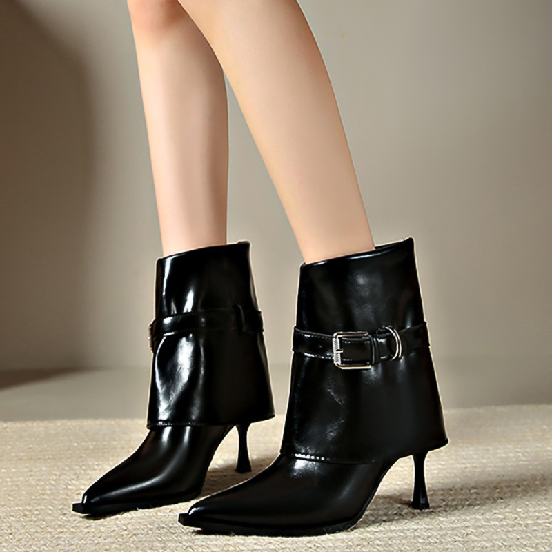 Shoeswoon Fold Over Buckle Strap Pointed Toe Stiletto Ankle Boots