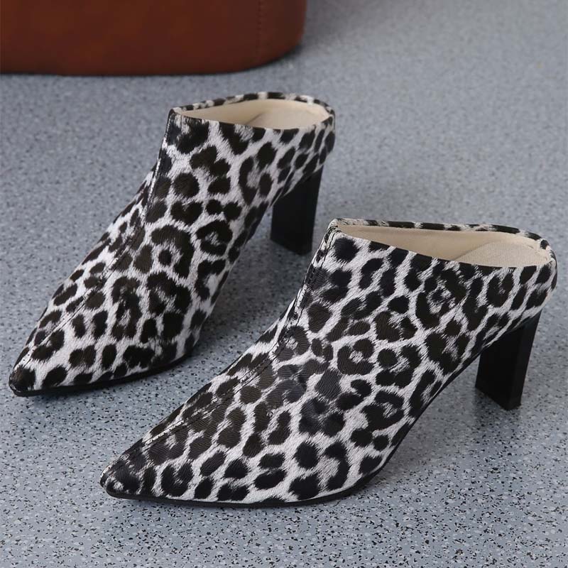 Shoeswoon Fashion Faux Fur Leopard Pattern Pointed Mule Heels