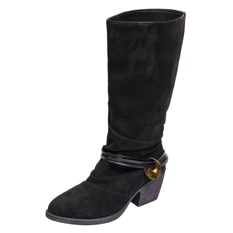 Shoeswoon Ruched Shaft Strap Decor Block Heel Mid Calf Boots