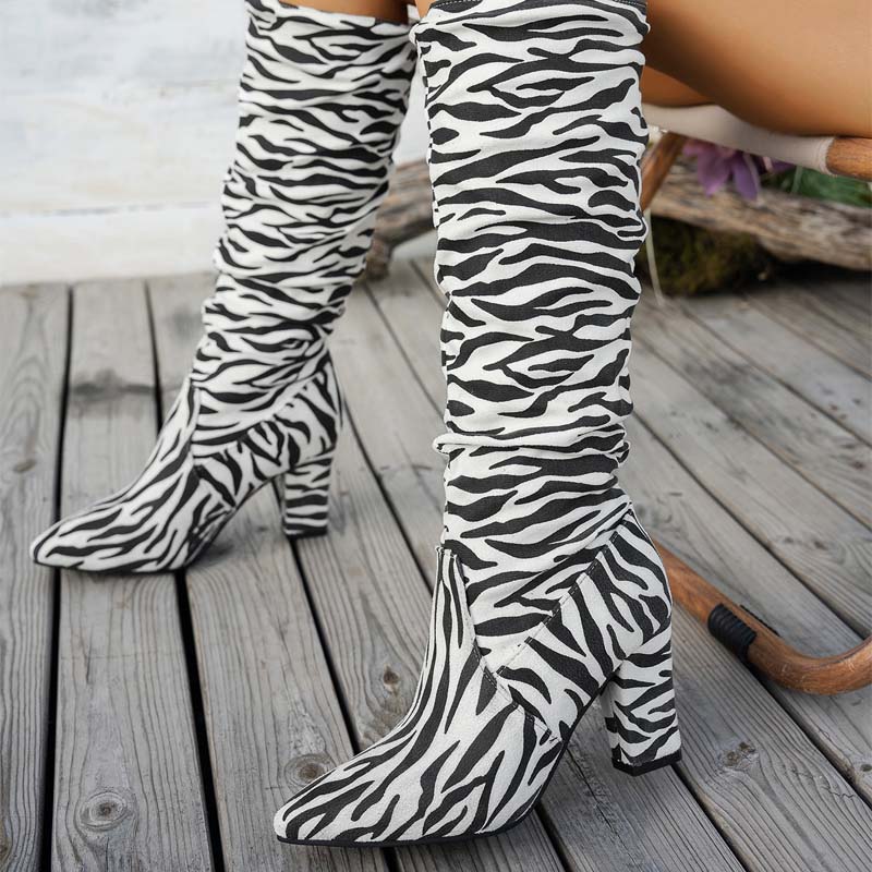 Shoeswoon Zebra Print Ruched Shaft Pointed Toe Block Heel Knee High Boots