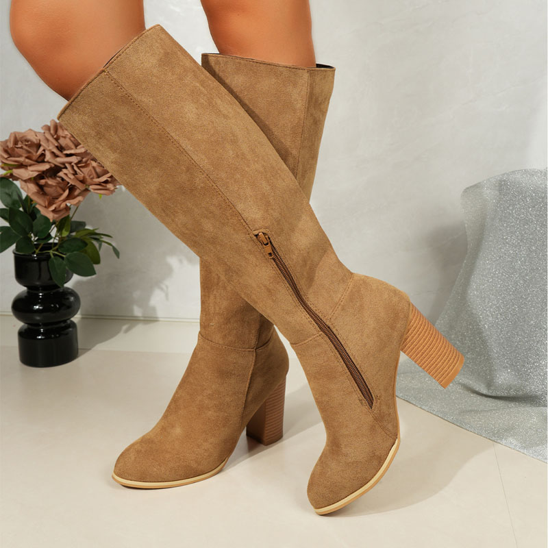 Shoeswoon Elegant Side Zipper Round Toe Chunky Wood Heel Knee High Boots