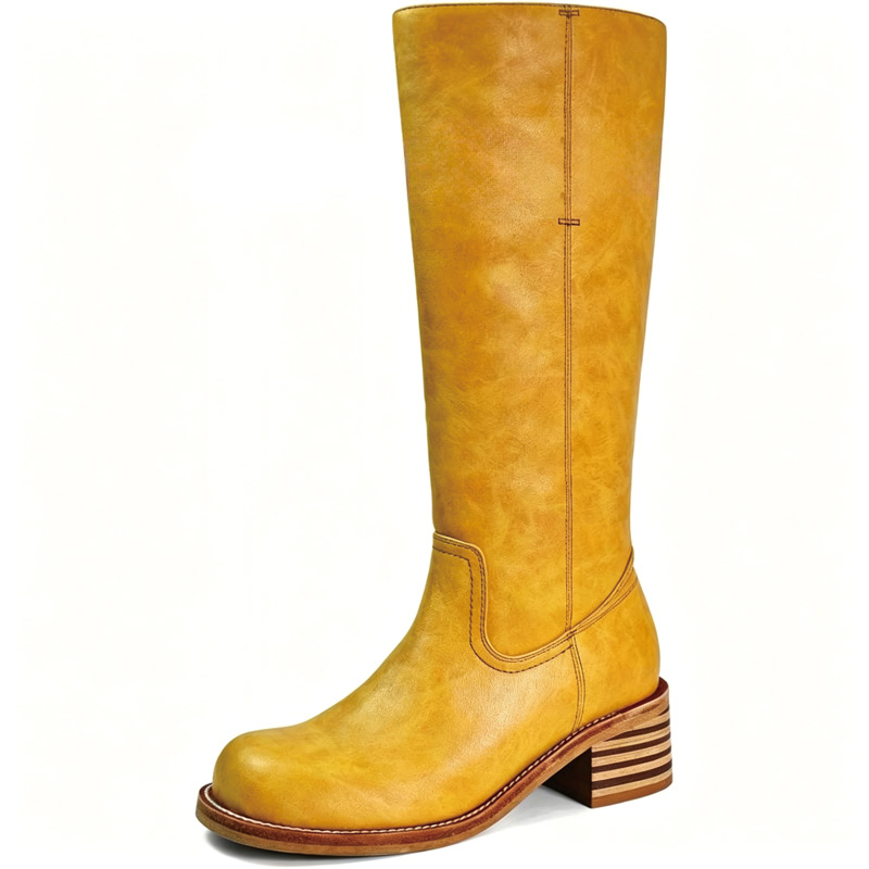 Shoeswoon Mustard Distressed Faux Leather Stacked Block Heel Knee‑High Boots