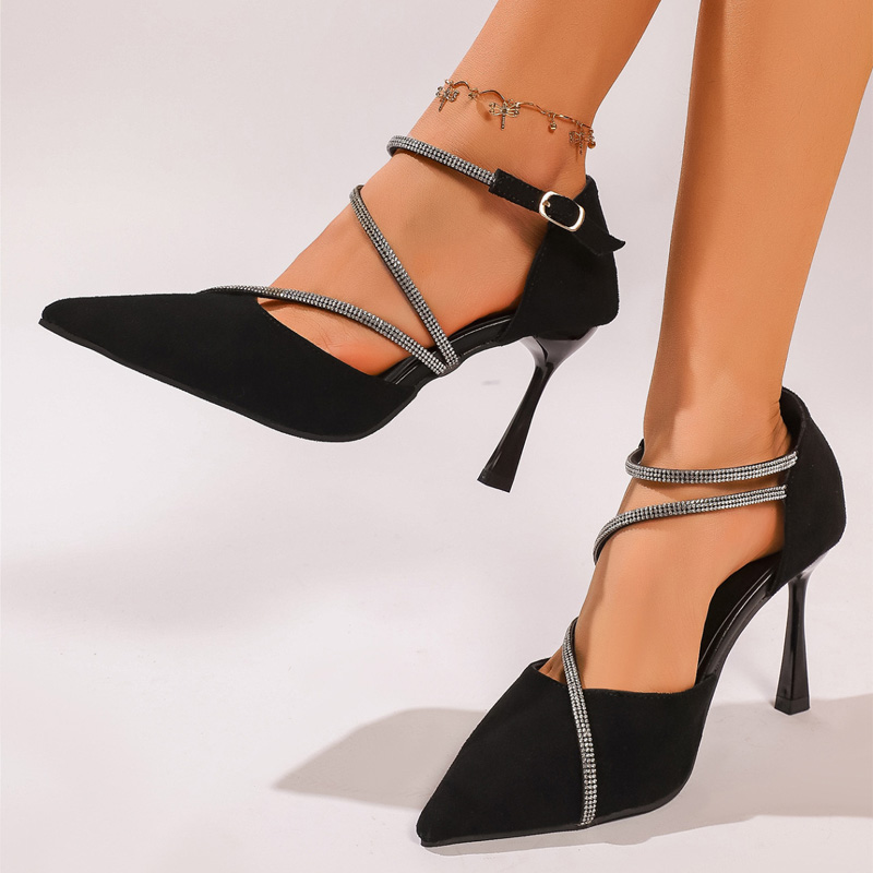 Shoeswoon Multi Crystal Strap D'Orsay Cutout Pointed Thin High Heels