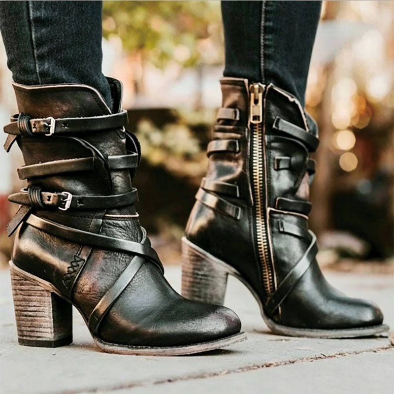 Shoeswoon Boho Distressed Crisscross Buckle Chunky Heel Ankle Boots