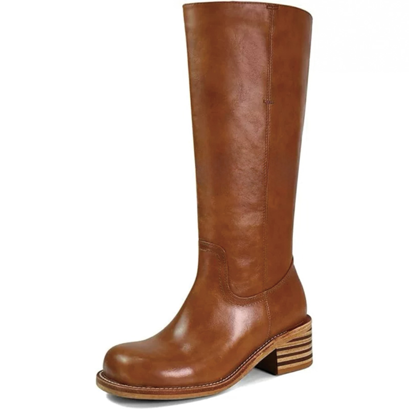 Shoeswoon Mustard Distressed Faux Leather Stacked Block Heel Knee‑High Boots