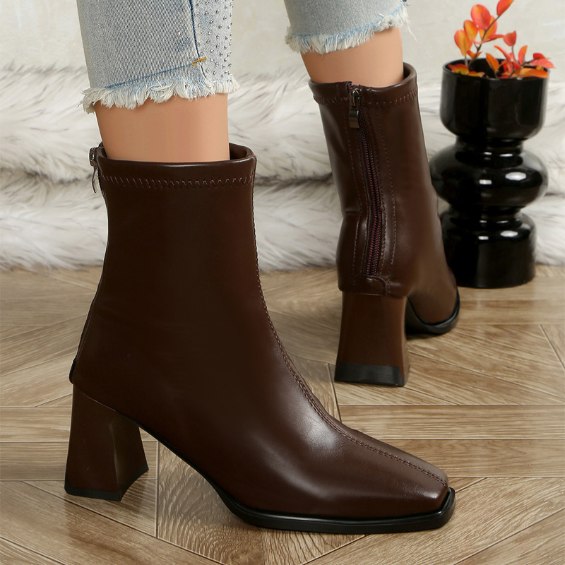 Shoeswoon Elegant Square Toe Flared Chunky Heel Rear Zipper Ankle Boots