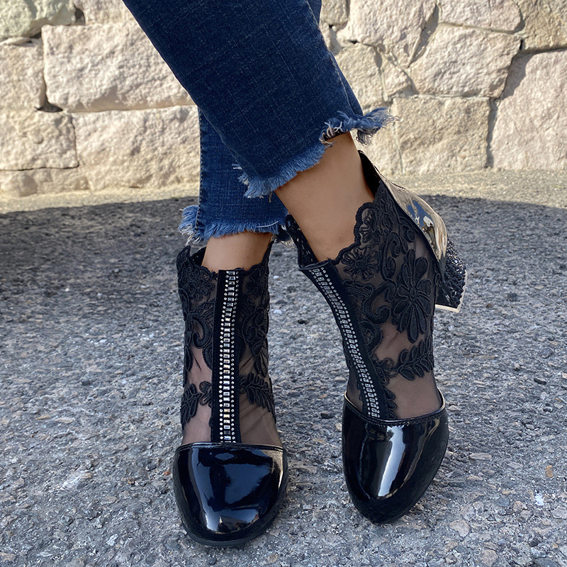 Shoeswoon Floral Lace Mesh Panel Rhinestone Chunky Block Heel Ankle Boots