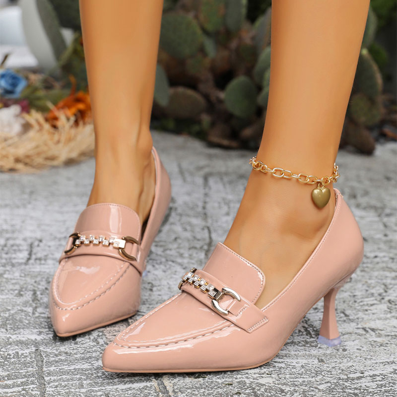 Shoeswoon Pointed Vamp Rhinestone Metal Buckle Patent Sculpted High Heels