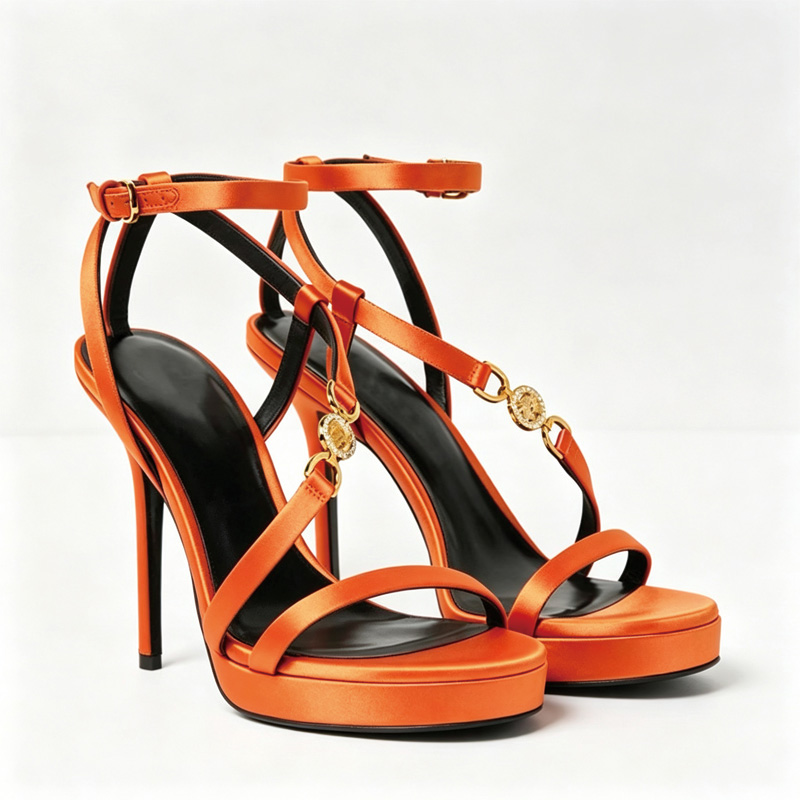 Shoeswoon Satin Gold Medallion Hardware Ankle Strap Platform Stiletto Sandals