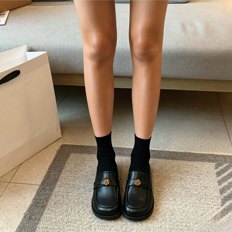 Shoeswoon Black Square Toe Gold Rose Metal Decor Slip‑on Loafers