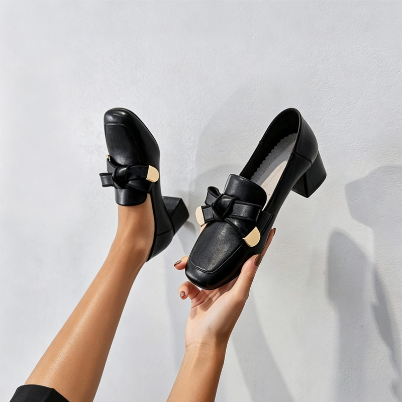 Shoeswoon Square Toe Contrast Bow Decor Slip‑On Mid Block Heel Women's Loafer Shoes