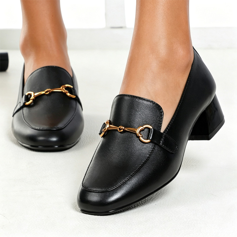 Shoeswoon Soft Square Toe Chain Ornament Office Ladies Mid‑Heel Loafers