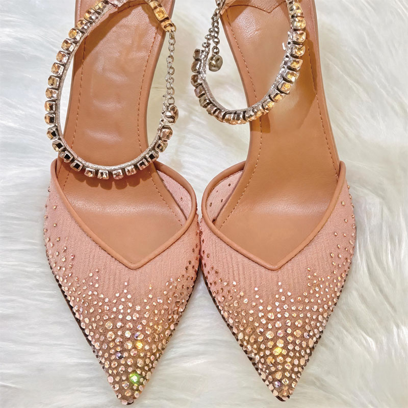 Shoeswoon Nude Mesh Rhinestone Slingback Pointed Toe Stiletto High Heel Pumps