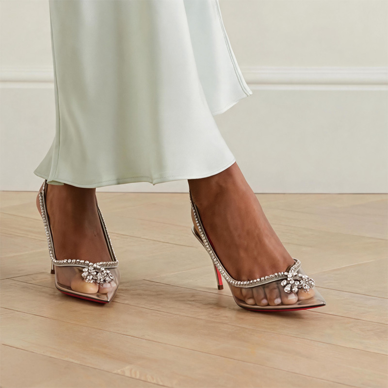 Shoeswoon Silver Clear PVC Rhinestone Slingback Pointed Toe Stiletto Pumps