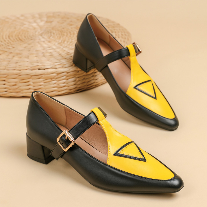 Shoeswoon Retro Contrast T‑Strap Buckle Mid Block Heel Mary Jane Shoes