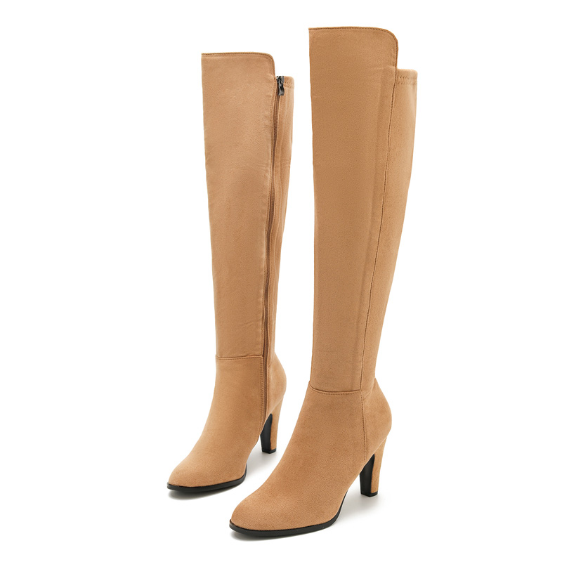 Shoeswoon Suede Round‑Toe Block Heel Side‑Zip Knee‑High Boots