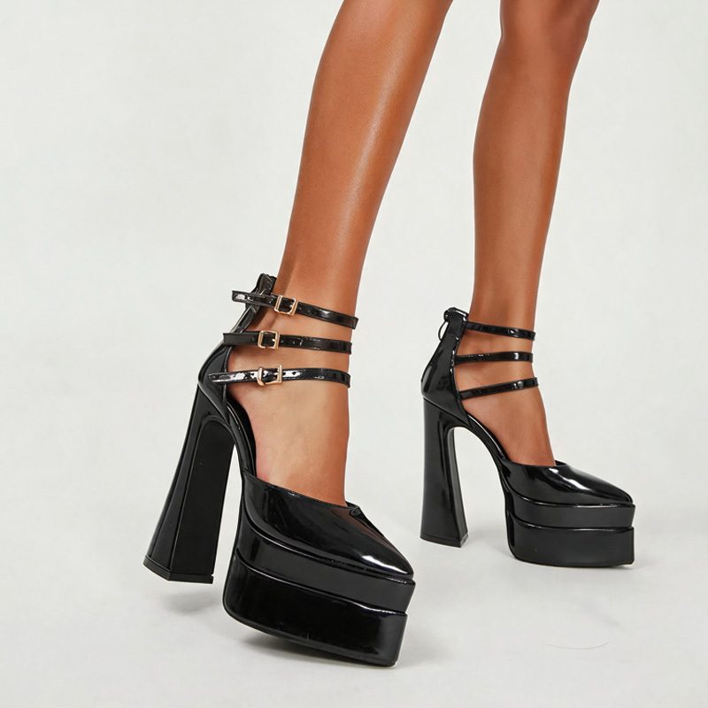 Shoeswoon Patent Triple Ankle Strap Double Platform Block Heel Pumps