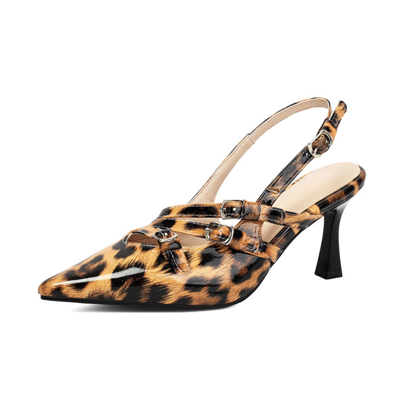 Shoeswoon Multi‑Buckle Leopard Print Pointed Toe Slingback Flared Heel Pumps