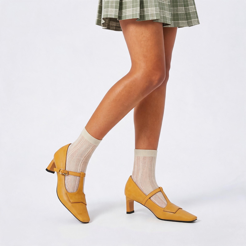 Shoeswoon Vintage T‑Strap Square Toe Block Heel Mary Jane Pumps