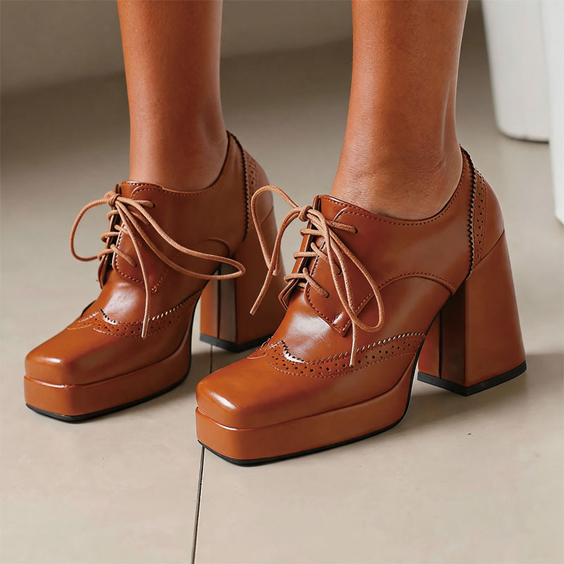 Shoeswoon Spliced Brogue Lace‑Up Platform Chunky Block Heel Oxford Shoes