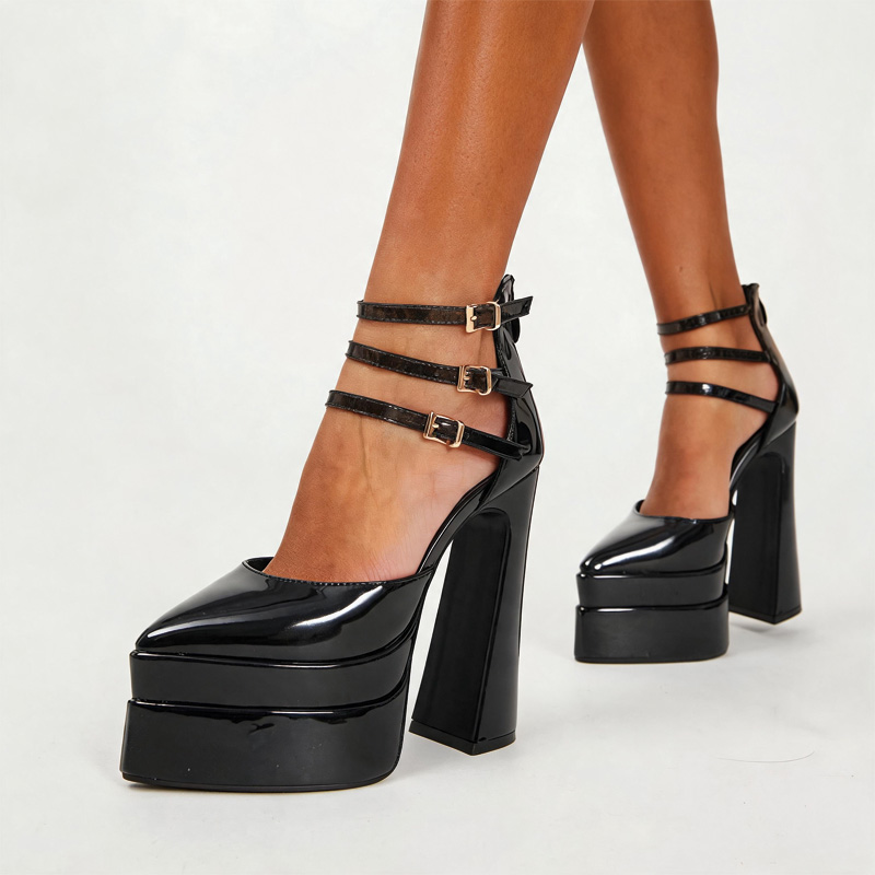 Shoeswoon Patent Triple Ankle Strap Double Platform Block Heel Pumps