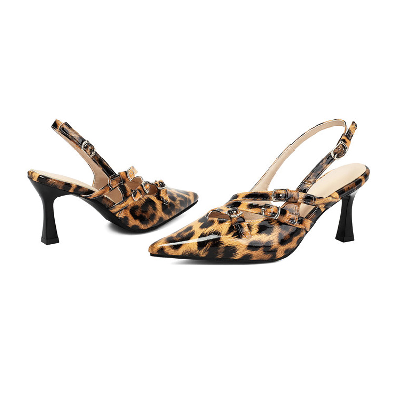 Shoeswoon Multi‑Buckle Leopard Print Pointed Toe Slingback Flared Heel Pumps