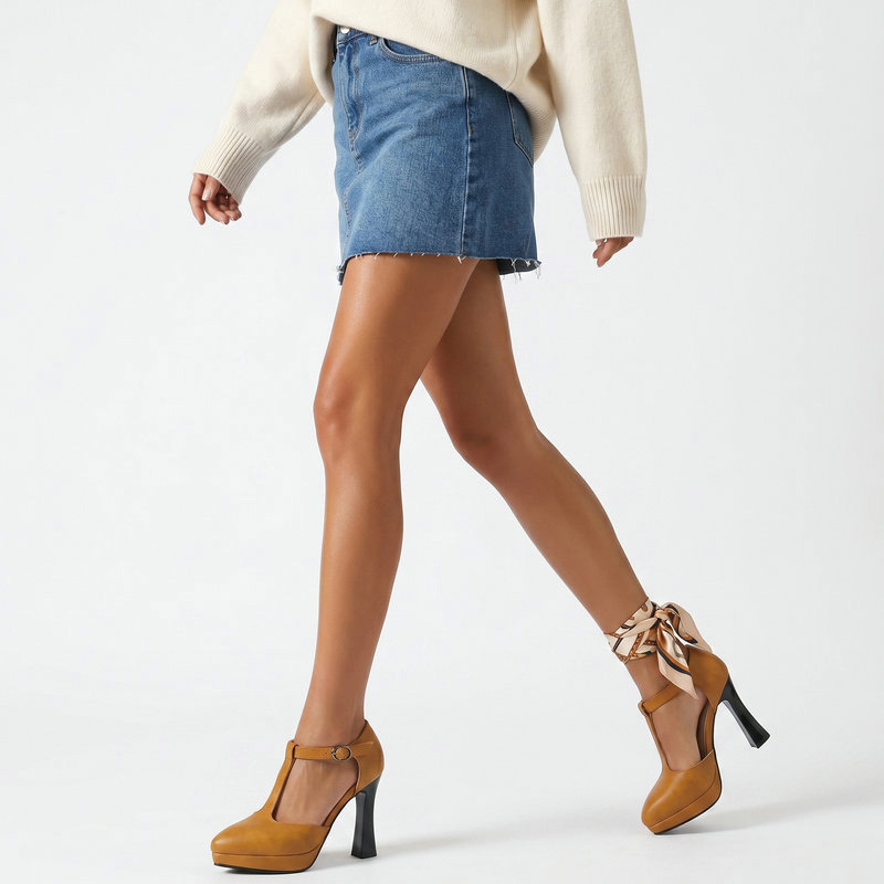 Shoeswoon Retro Platform T‑Strap Buckle Cutout Mary Jane Heels