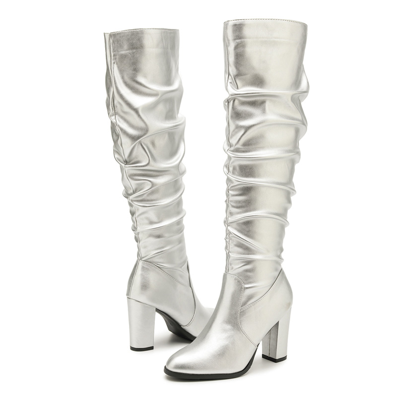 Shoeswoon Shiny Faux Leather Slouchy Side Zipper Block Heel Women's Tall Boots