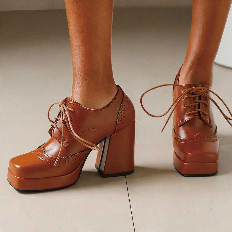 Shoeswoon Spliced Brogue Lace‑Up Platform Chunky Block Heel Oxford Shoes