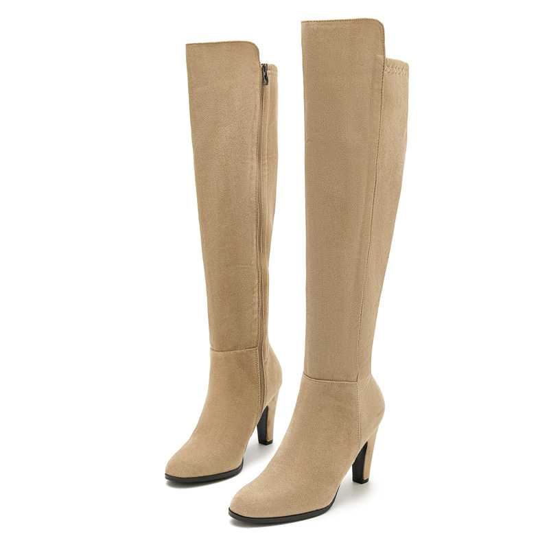 Shoeswoon Suede Round‑Toe Block Heel Side‑Zip Knee‑High Boots