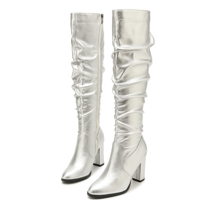 Shoeswoon Shiny Faux Leather Slouchy Side Zipper Block Heel Women's Tall Boots