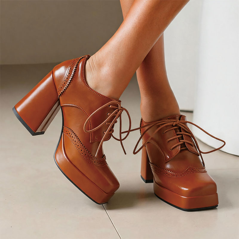 Shoeswoon Spliced Brogue Lace‑Up Platform Chunky Block Heel Oxford Shoes