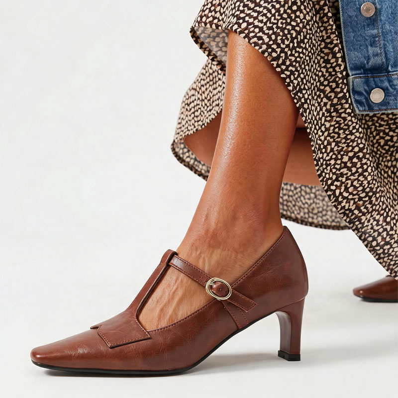 Shoeswoon Vintage T‑Strap Square Toe Block Heel Mary Jane Pumps