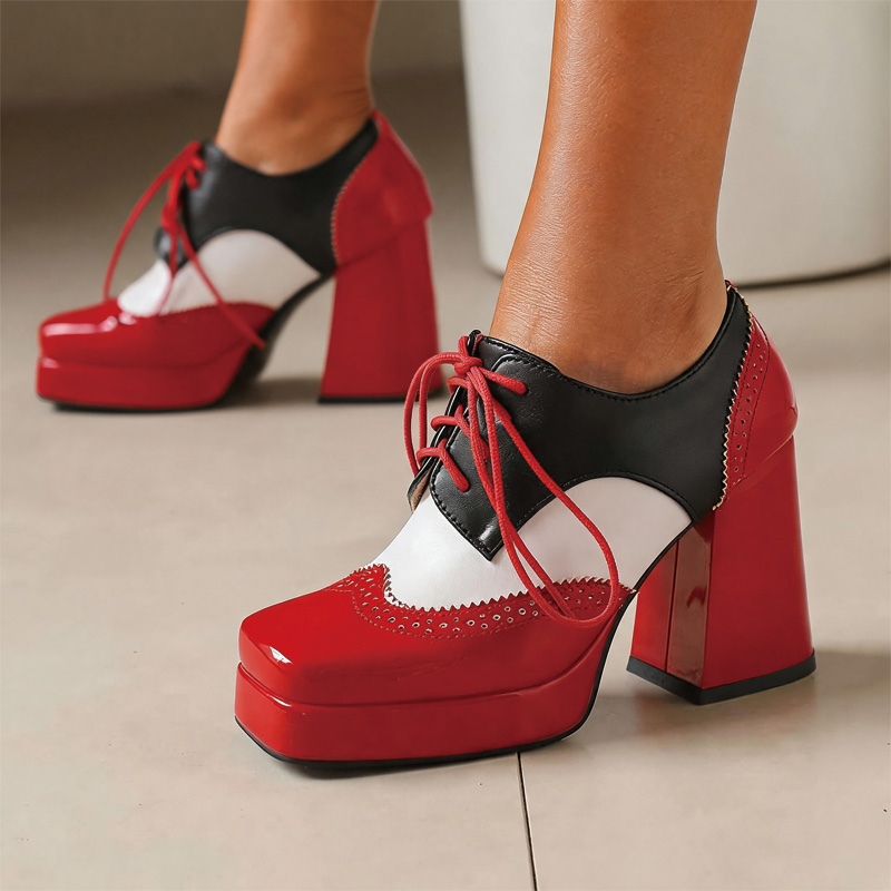 Shoeswoon Spliced Brogue Lace‑Up Platform Chunky Block Heel Oxford Shoes