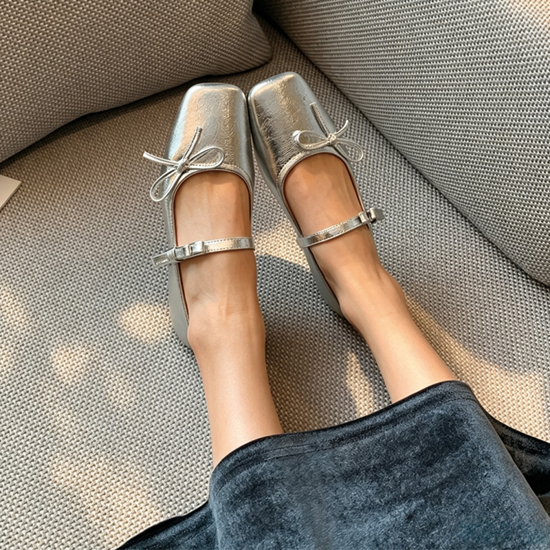 Shoeswoon Bow Decor Square Toe Flat Mary Jane Shoes