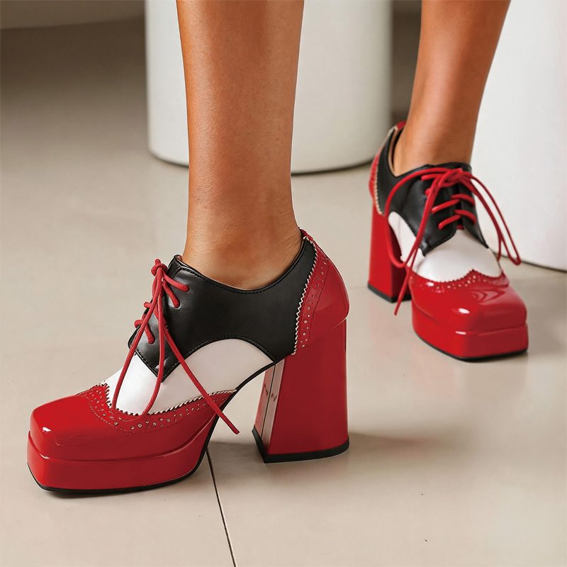 Shoeswoon Spliced Brogue Lace‑Up Platform Chunky Block Heel Oxford Shoes