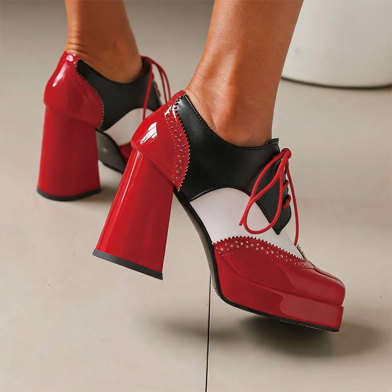 Shoeswoon Spliced Brogue Lace‑Up Platform Chunky Block Heel Oxford Shoes