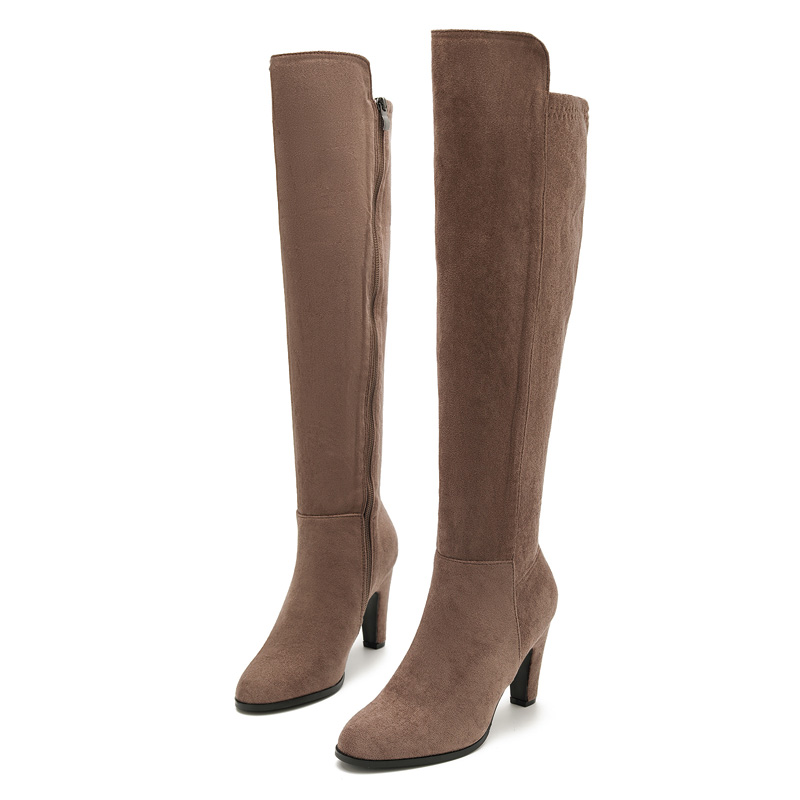 Shoeswoon Suede Round‑Toe Block Heel Side‑Zip Knee‑High Boots