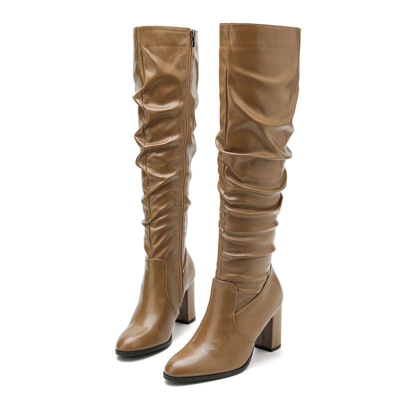 Shoeswoon Shiny Faux Leather Slouchy Side Zipper Block Heel Women's Tall Boots