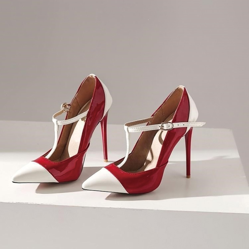 Shoeswoon Retro T‑Strap Pointed‑Toe Ankle Strap Party Stiletto Heels