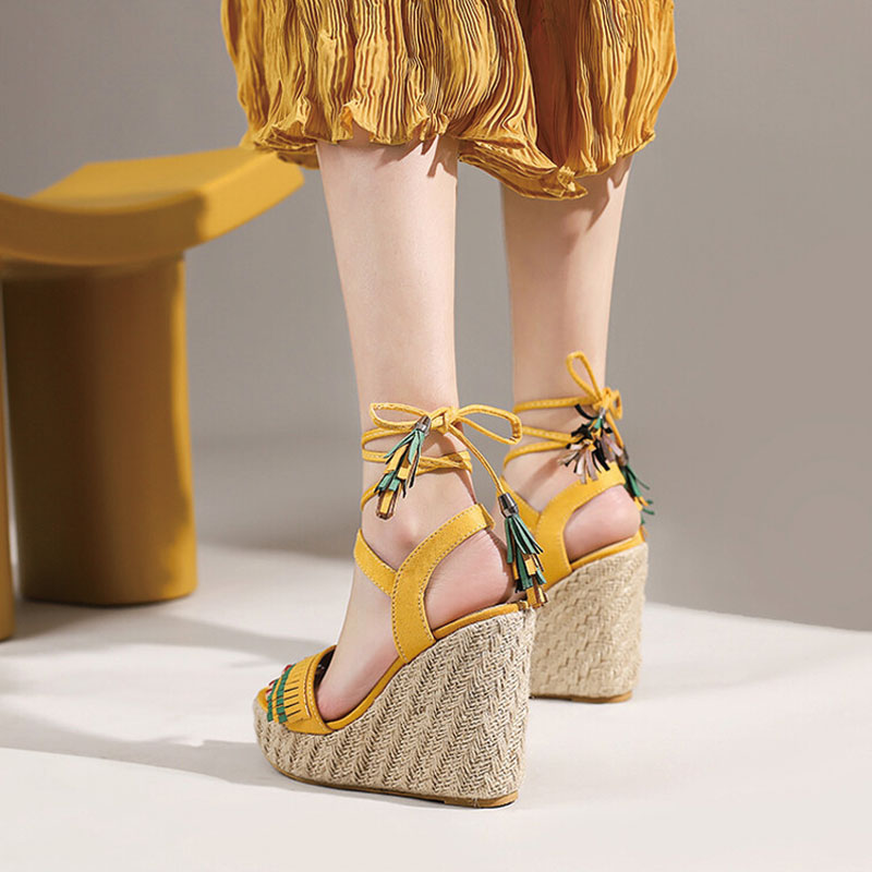 Shoeswoon Striped Tassel Lace Up Ankle Wrap Woven Jute Espadrille Wedge Sandals