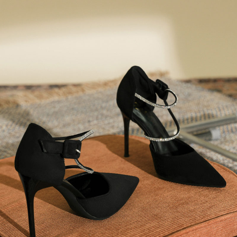 Shoeswoon Suede Two‑Row Crystal Ankle Strap Cutout Stiletto High Heels