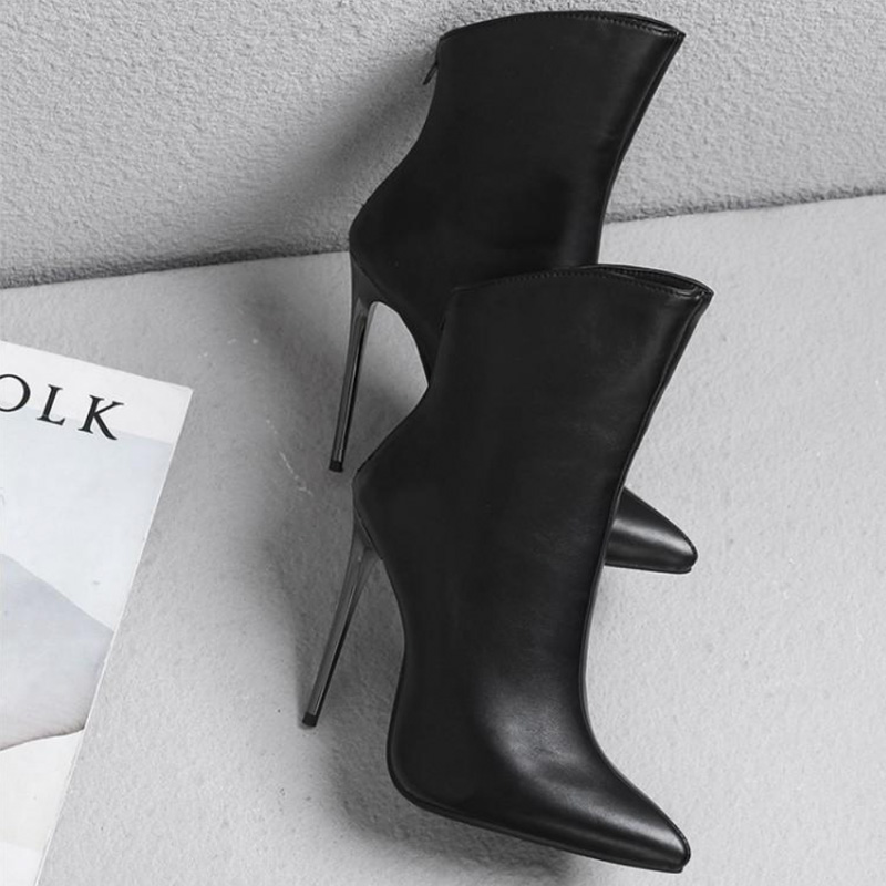 Shoeswoon Sleek Back Zip‑Up Metallic Stiletto Heel Ankle Boots