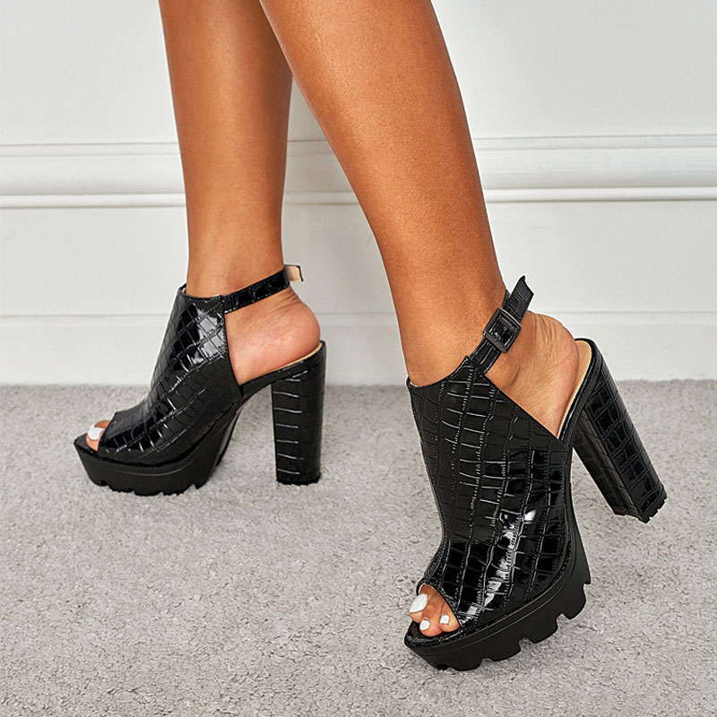 Shoeswoon Peep Toe Ankle Strap Lug Sole Platform Chunky Heel Sandals