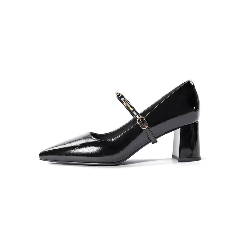 Shoeswoon Pointed‑Toe Mary Jane Pumps Minimal Metal‑Accent Strap Heels