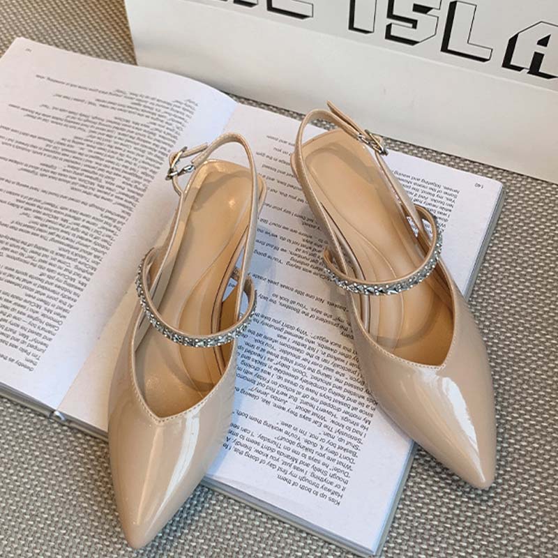 Shoeswoon Rhinestone Strap Pointed Toe Slingback Kitten Heels