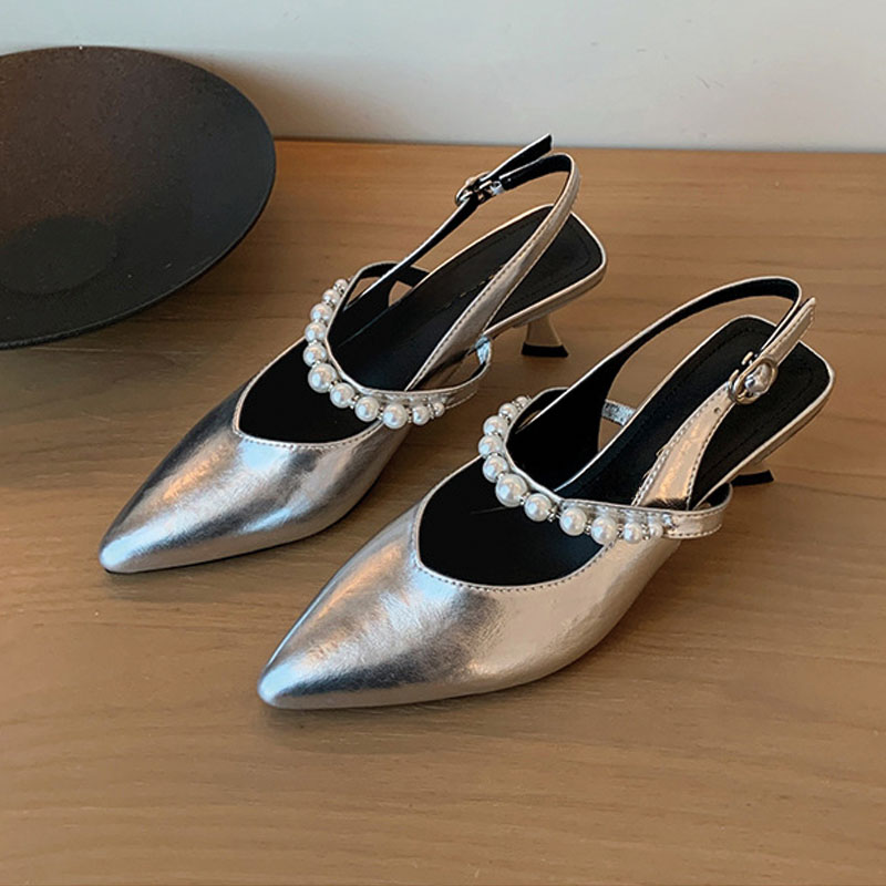 Shoeswoon Pearl Strap Pointed Toe Slingback Kitten Heels