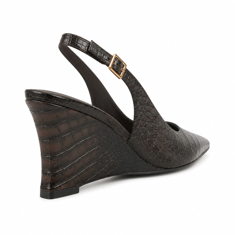 Shoeswoon Croc Embossed Pointed Toe Slingback Wedge Pumps